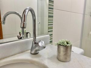 - un évier avec un robinet et un pot de fleurs dans l'établissement F034 - Apto no Forte Churrasqueira, Wi-Fi e Piscina, à Praia Grande