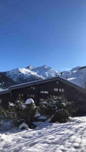 budynek w śniegu z górami w tle w obiekcie Studio skis au pieds Meribel-Mottaret w mieście Les Allues