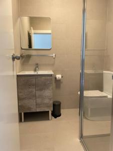 a bathroom with a sink and a mirror and a toilet at Surf Beach Motel Newcastle in Newcastle