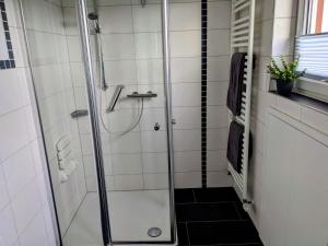 a shower with a glass door in a bathroom at Ferienwohnung 50m2 in Hilchenbach