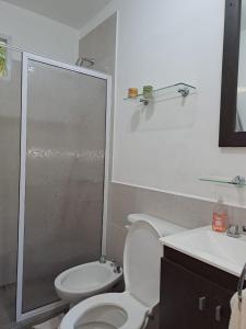 uma casa de banho com um chuveiro, um WC e um lavatório. em CABAÑA LA HERRADURA 14 em San Roque