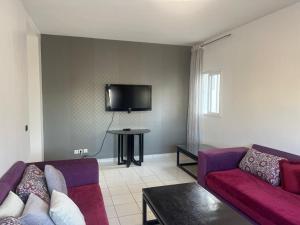 a living room with two purple couches and a tv at Agadir Dreamhouse in Agadir