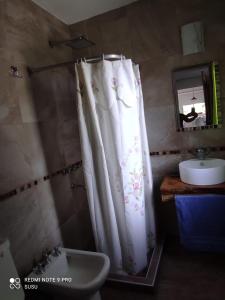 y baño con cortina de ducha y lavamanos. en Casa El Alto en Villa General Belgrano