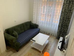 a living room with a green couch and a table at Şehri ala evleri in Kutahya