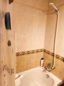 a bathroom with a sink and a shower curtain at LA ERIA II, muy luminoso,WIFI, garaje,15 a pie al centro in Oviedo