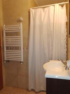 y baño con cortina de ducha y lavamanos. en Cabañas Los Cardales en Chascomús