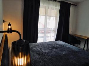 Un dormitorio con una cama con una lámpara y una ventana. en Apartment La Tonalina, en Passo del Tonale