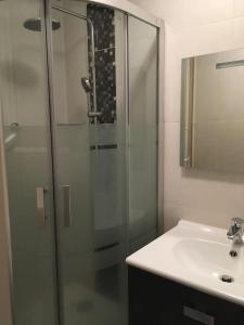 La salle de bains est pourvue d'une douche en verre et d'un lavabo. dans l'établissement Superbe appartement, résidence familiale, parking, à Chevilly-Larue