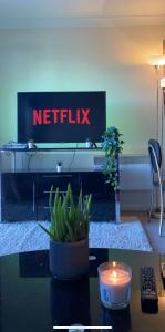 uma sala de estar com uma televisão com um sinal netflix em 2 bedroom apartment city centre Birmingham em Birmingham