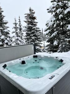 a hot tub covered in snow in front of trees at Bearcub Chalet in Big White