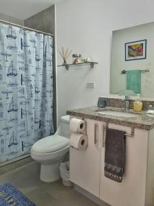 a bathroom with a toilet and a sink and a shower at Avitat Joy Cozy&Homy 2B Flat Private Wifi Pool Gym in San Salvador