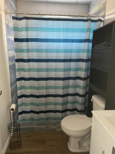 a bathroom with a toilet and a shower curtain at Casitas at Flambohio Beach Camp in Sabana