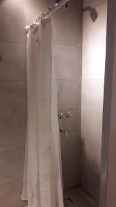 La salle de bains est pourvue d'une douche avec un rideau de douche blanc. dans l'établissement La Adelita, à Chascomús