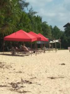 a group of red umbrellas on a beach at Prasai House in Ahangama