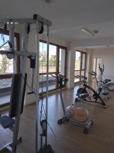 un gimnasio con varias bicicletas estáticas en una habitación en Alojamiento Bariloche – Departamento céntrico con vistas al Lago Nahuel Huapi en San Carlos de Bariloche