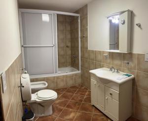 y baño con aseo, lavabo y ducha. en Dpto amplio con vista a la bahía en Ushuaia
