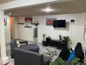 a living room with couches and a flat screen tv at Departamento con Terraza LOBO in Cholula