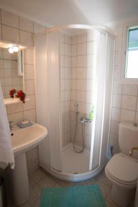 een badkamer met een douche, een toilet en een wastafel bij Deep Blue- Rosemary sea view in Ayios Nikitas