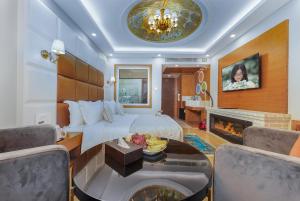 una camera d'albergo con letto e camino di Hotel Meerz a Srinagar
