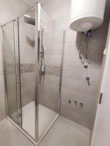 a shower with a glass door in a bathroom at Apartman 7 Ladies in Banja Luka