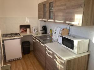 eine kleine Küche mit Mikrowelle und Spüle in der Unterkunft Fürdő Apartman in Makó
