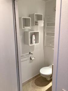 ein weißes Bad mit einem WC und Handtüchern in der Unterkunft Studio Le Touquet in Le Touquet-Paris-Plage