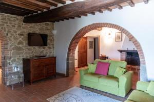 ein Wohnzimmer mit einem grünen Sofa und einem TV in der Unterkunft Elm Tree, Olive Brench and Cypress Farmhouse Apartments With Pool - Happy Rentals in Panicale