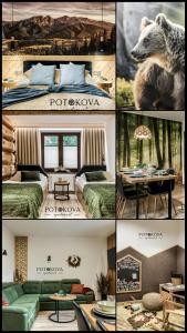 uma colagem de fotos de um quarto de hotel com um urso em Potokova apartament Centrum em Zakopane