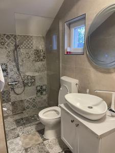 a bathroom with a toilet and a sink and a shower at Guest House Zamak in Banja Luka