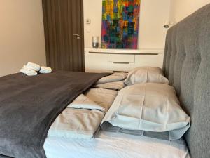 Una cama con una manta en una habitación en Lela lakeside apartman a vizek szerelmeseinek, en Balatonlelle