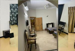 two pictures of a living room with a bed and chairs at Sunrising Guest House Islamabad in Islamabad