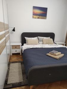 ブカレストにあるNice Studio in Old Townの青い毛布が掛けられたベッドのある寝室