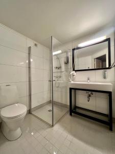 a bathroom with a toilet and a sink and a shower at Arctic Hotel Nordkapp in Honningsvåg