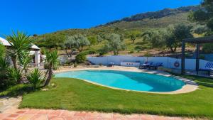 a swimming pool in a yard with a hill in the background at Casa Belmonte Alcaucín by Ruralidays in Alcaucín