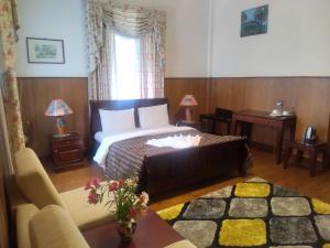 努沃勒埃利耶的住宿－特列文酒店，一间卧室配有一张床、一张沙发和一个窗口