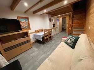 a living room with a couch and a television at L ALPIN bel appartement avec terrasse dans vieille ferme de montagne rénovée in Les Orres