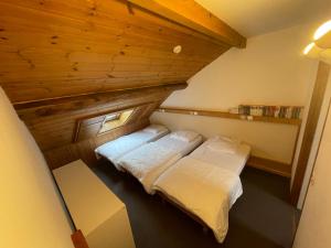 Duas camas num quarto com tecto em madeira em LE PASSE-MONTAGNE Bel appartement avec terrasse dans vieille ferme de montagne rénovée em Les Orres
