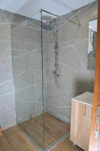 a shower with a glass door in a bathroom at Apartman A20B in Kopaonik