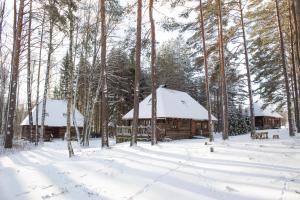 a cabin in the woods with snow on the ground at Gungas in Ādaži