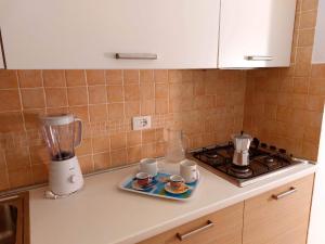 a kitchen counter with two cups and a blender at Apartamento Antunes in Santa Maria