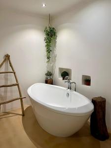 a white bath tub in a room with a plant at Son Vell. Mallorca. Casa amb piscina ecològica. in Manacor