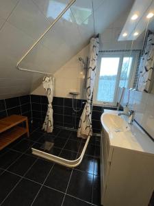 uma casa de banho com um chuveiro, um lavatório e uma banheira em Korsanäs em Listerby