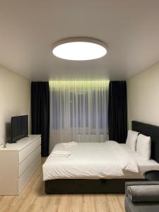 a bedroom with a bed and a flat screen tv at Vakariniai Apartamentai in Panevėžys