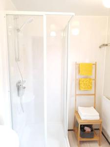 una doccia con porta in vetro in bagno di Wohnung mit Balkon in Velden - Appartment BERGE byTILLY a Velden am Wörthersee