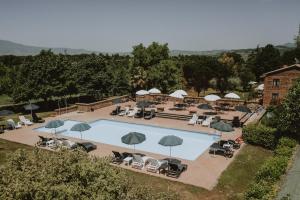 an overhead view of a swimming pool with chairs and umbrellas at Agriturismo Cerqueto in Acquapendente