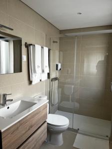 a bathroom with a toilet and a sink and a shower at Aliança Alojamento Local in Guarda +29 photos