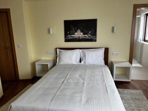 Un dormitorio con una cama grande con dos almohadas blancas. en Aliança Alojamento Local, en Guarda