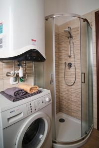 a washing machine in a bathroom with a shower at La Casetta del Viaggiatore - "Traveller's Home" in Torre del Lago Puccini