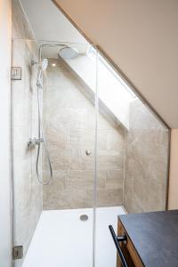 a shower in a bathroom with a staircase at Kellerstöckl Heuberger in Eltendorf