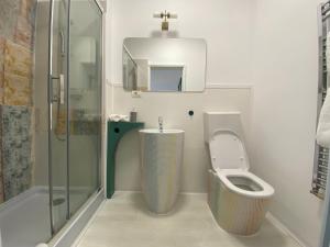 a bathroom with a shower toilet and a sink at Pensiunea Damir in Arad